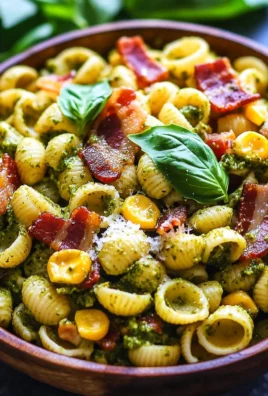 Corn Pasta Salad with Bacon and Creamy Pesto Dressing
