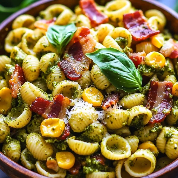 Corn Pasta Salad with Bacon and Creamy Pesto Dressing