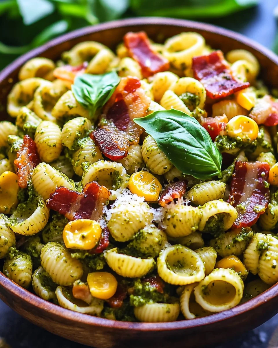 Corn Pasta Salad with Bacon and Creamy Pesto Dressing
