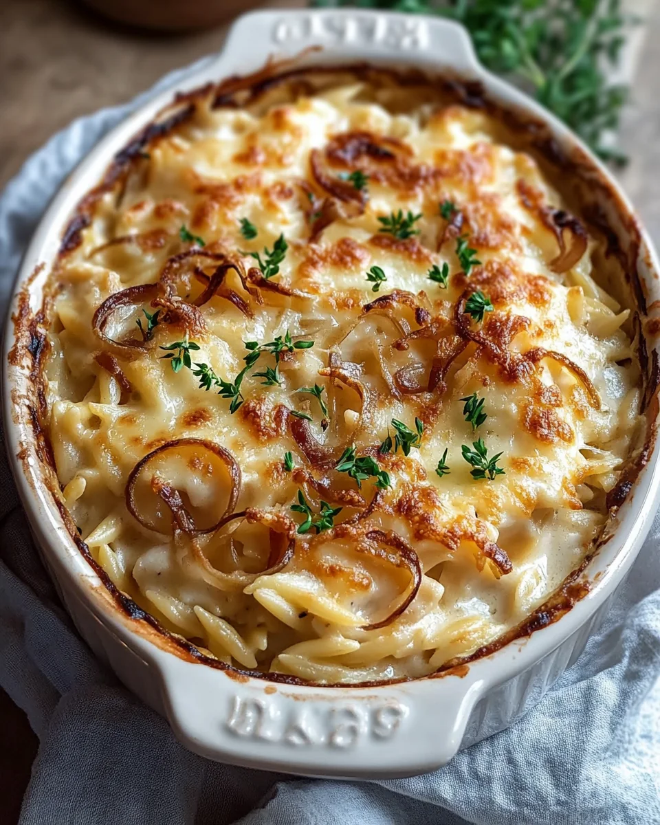 French Onion Chicken Orzo Casserole