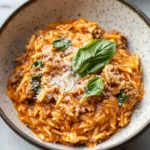 Ground Beef Orzo with Tomato Cream Sauce