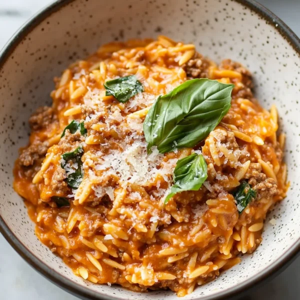 Ground Beef Orzo with Tomato Cream Sauce
