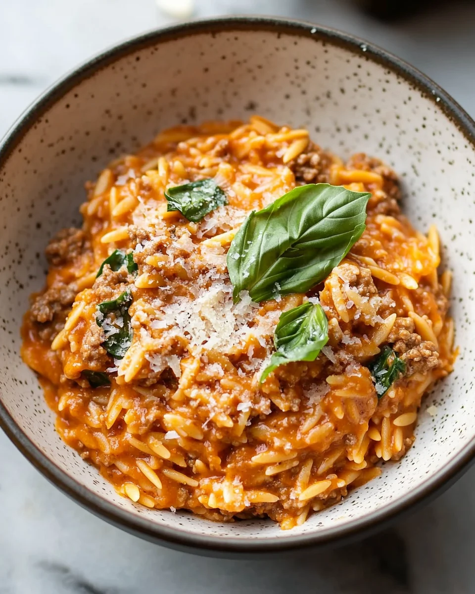 Ground Beef Orzo with Tomato Cream Sauce