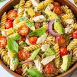 Healthy Chicken Pasta Salad with Avocado, Tomato, and Basil