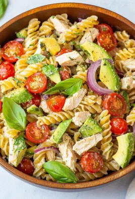 Healthy Chicken Pasta Salad with Avocado, Tomato, and Basil