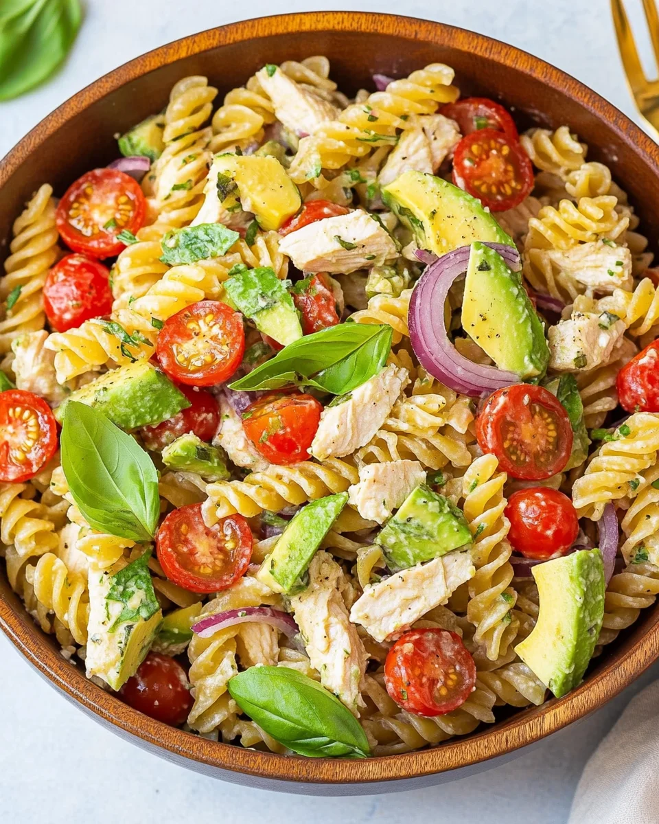 Healthy Chicken Pasta Salad with Avocado, Tomato, and Basil
