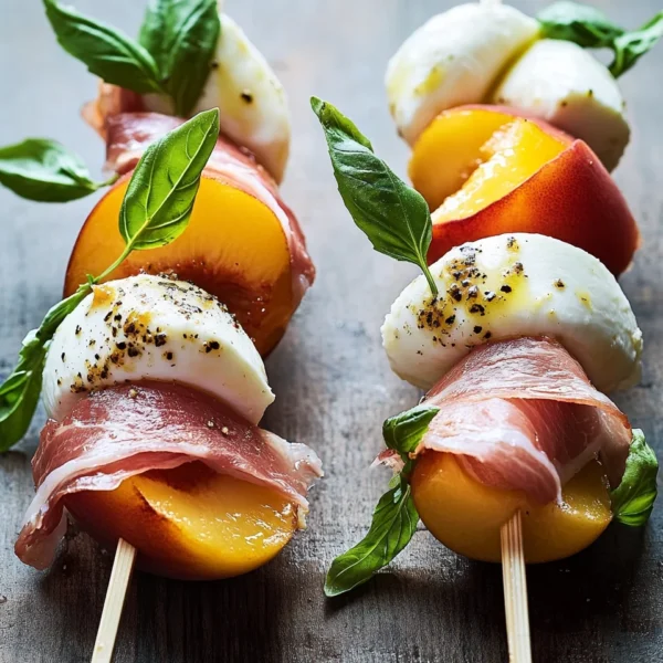 Mozzarella, Prosciutto, and Pickled Peach Appetizer Skewers