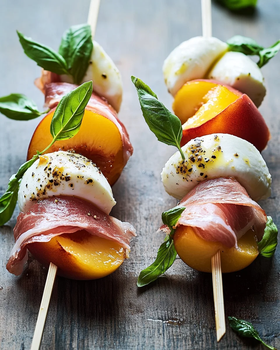 Mozzarella, Prosciutto, and Pickled Peach Appetizer Skewers