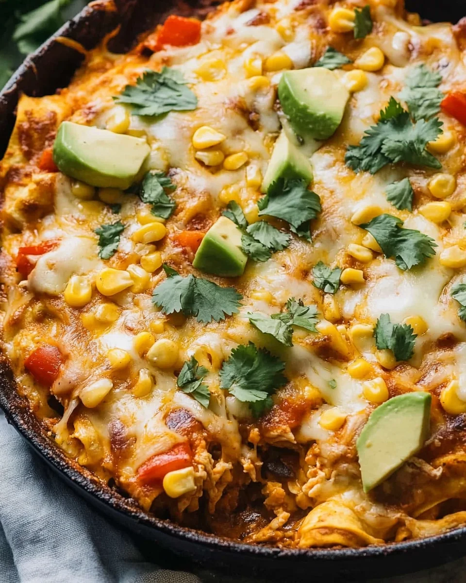 One Skillet Street Corn Chicken Enchilada Bake